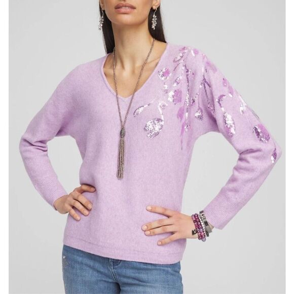 Chico’s Women’s Bohemian Sequin Purple V-Neck Sweater Size 1/M Wool Blend - Picture 2 of 14